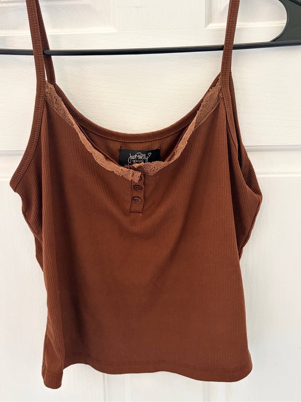 Just Reality Brown Ribbed Lace-Trim Tank with Button Detail